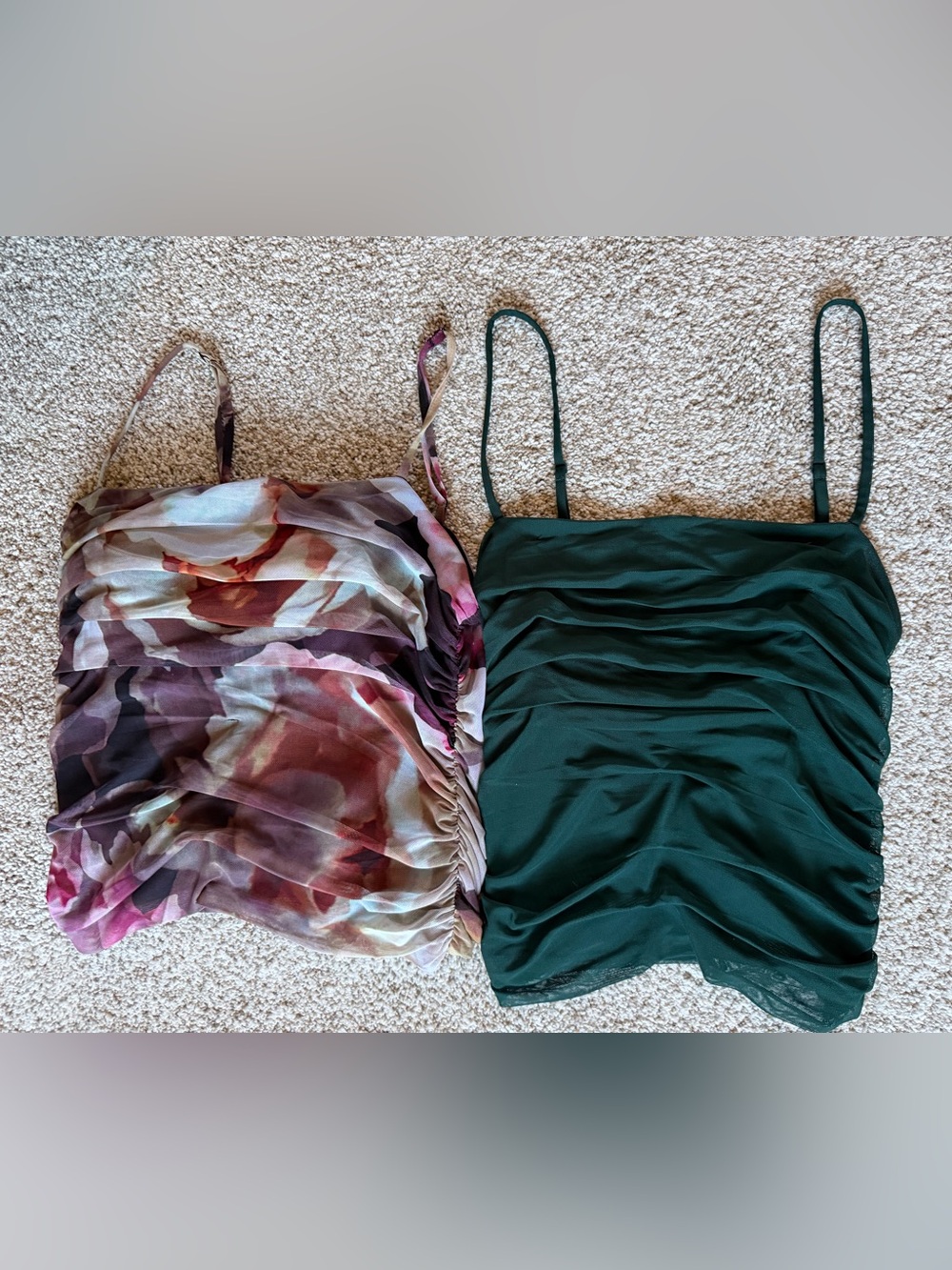 Express Green Ruched Camisole + Floral Chiffon Spaghetti-Strap Top